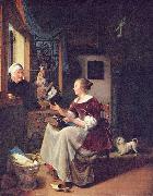 Pieter Cornelisz. van Slingelandt A young lacemaker is interrupted by a birdseller who offers her ware through the window painting